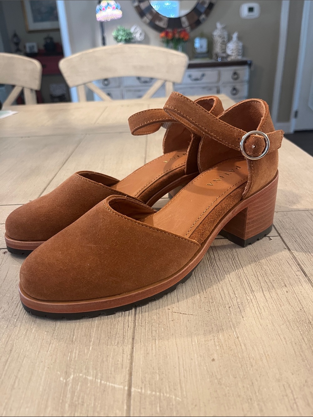 Patina Brown Suede Ankle-Strap Block Heel Pumps